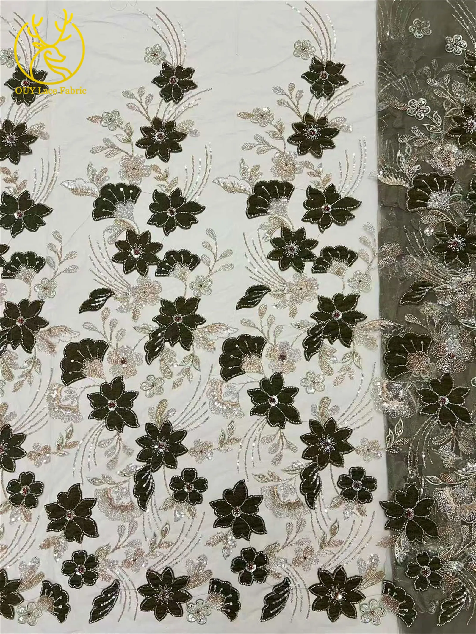 Afrikanischer Samtstoff mit Stickerei und schwerer Perlenverzierung, luxuriöser nigerianischer Pailletten-Spitzenstoff 2026 für Damen-Abendkleider – Detail 21