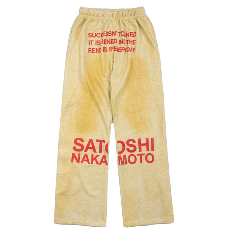 Men Women Retro Worn Straight Satoshi Nakamoto Casual Pants Vintage Yellowing Craft Embossed Trendy Loose Wide Leg Sweatpants