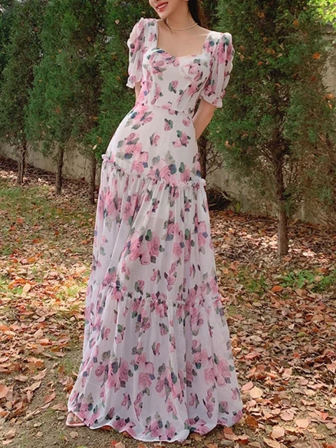 Kobiety elegancka sukienka Maxi lato w stylu Vintage z kwadratowym dekoltem z krótkim rękawem sukienki Vintage pań Slim a-line druk kwiatowy długa suknia