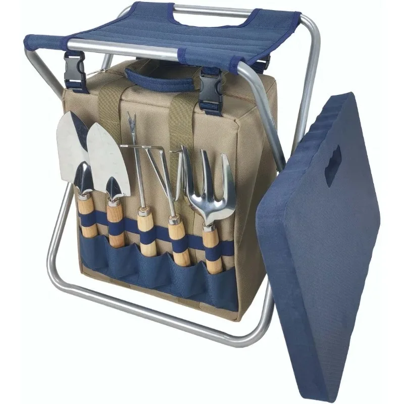 Folding Garden Stool with Kneeler Padded Seat Gardening Tools Set Storage Bag Outdoor