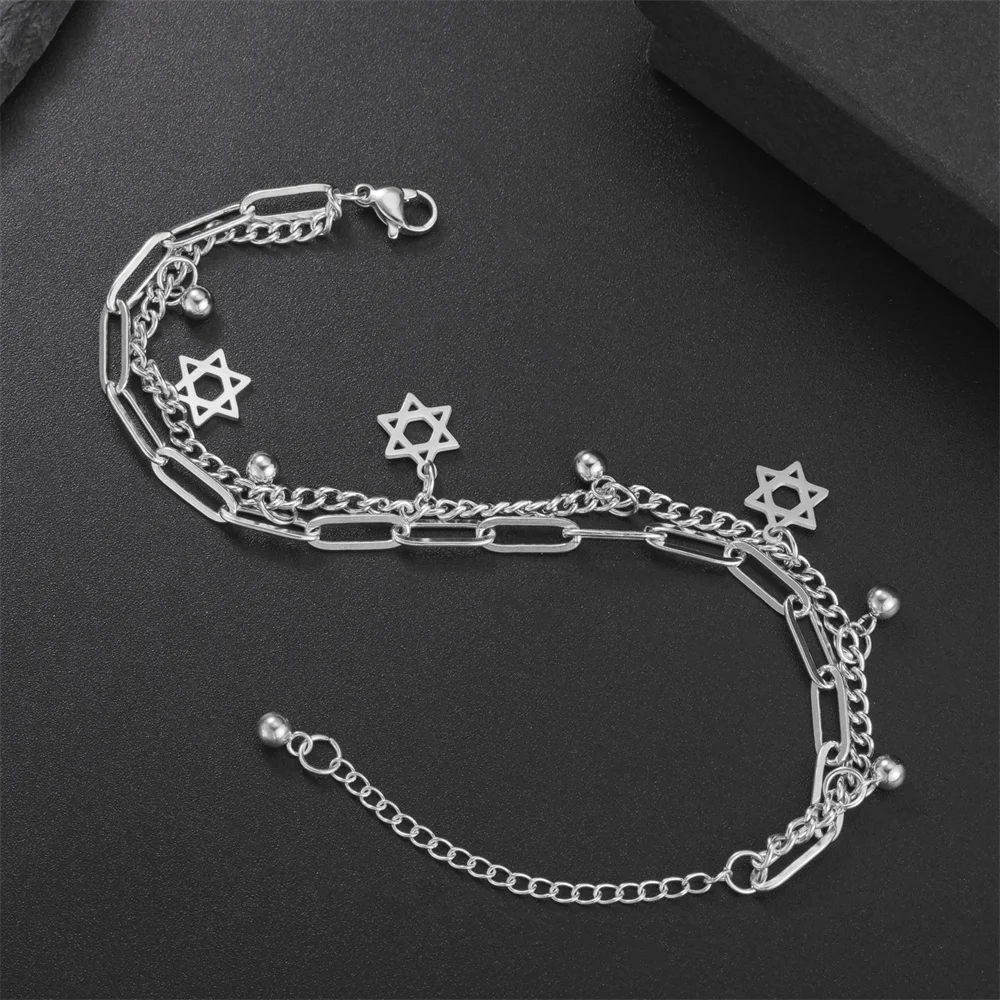 My Shape Star of David Bracelets Adjustable 2 Layers Hand Chain Stainless Steel Link Chain Hexagram Jewish Jewelry Israel Gifts