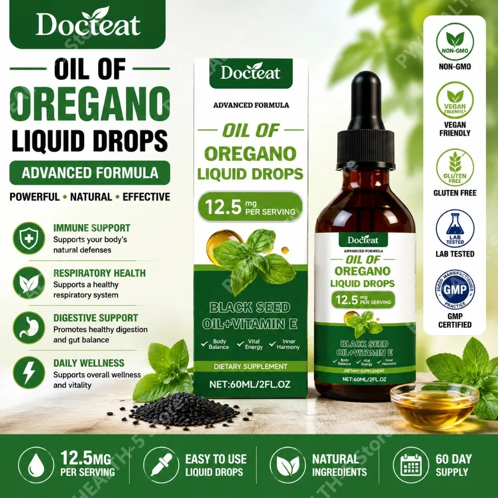 

Docteat Oregano Oil Liquid Drops Advanced Formula with Black Seed Oil & Vitamin E, 12.5 Mg Per Serving, NET 60ML, EASY-TO-TAKE