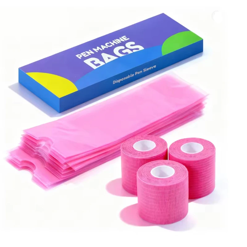 GOLDENHAWK Tattoo Pencil Sleeve Bag Covers 200Pcs and 3Pcs Pink Bandage Sets Body Artist Supplies Tattoo Machine Accessories