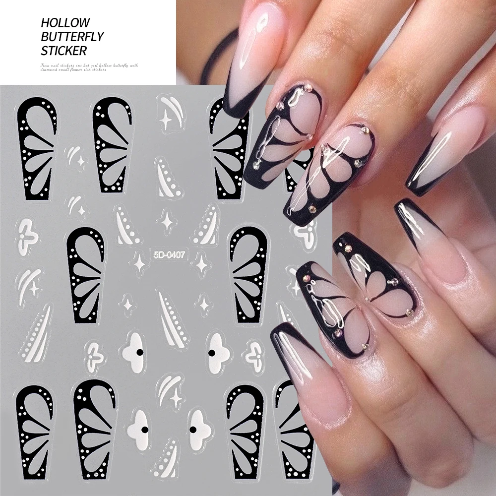 2Pcs Black White Butterfly Hollow Wings Nail Art Stickers 3D Stunning Individual design Elegant butterflies DIY Nail Foils Decal 4