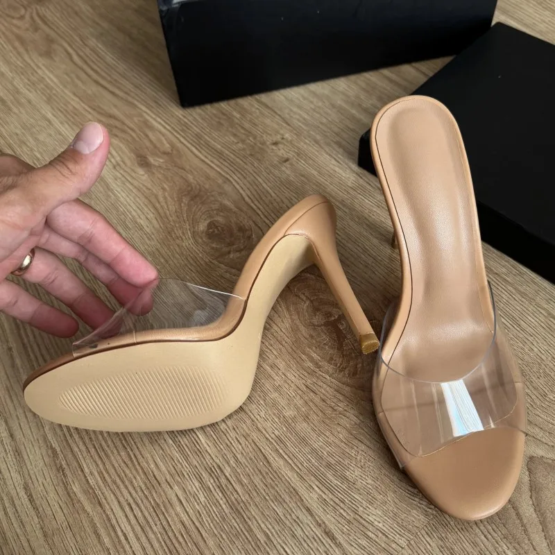 SHOFOO Zapatillas de tacón alto para mujer a la moda. Pantuflas transparentes de PVC. Aproximadamente 11 cm de altura del tacón. Tacones de aguja. Zapatos de verano