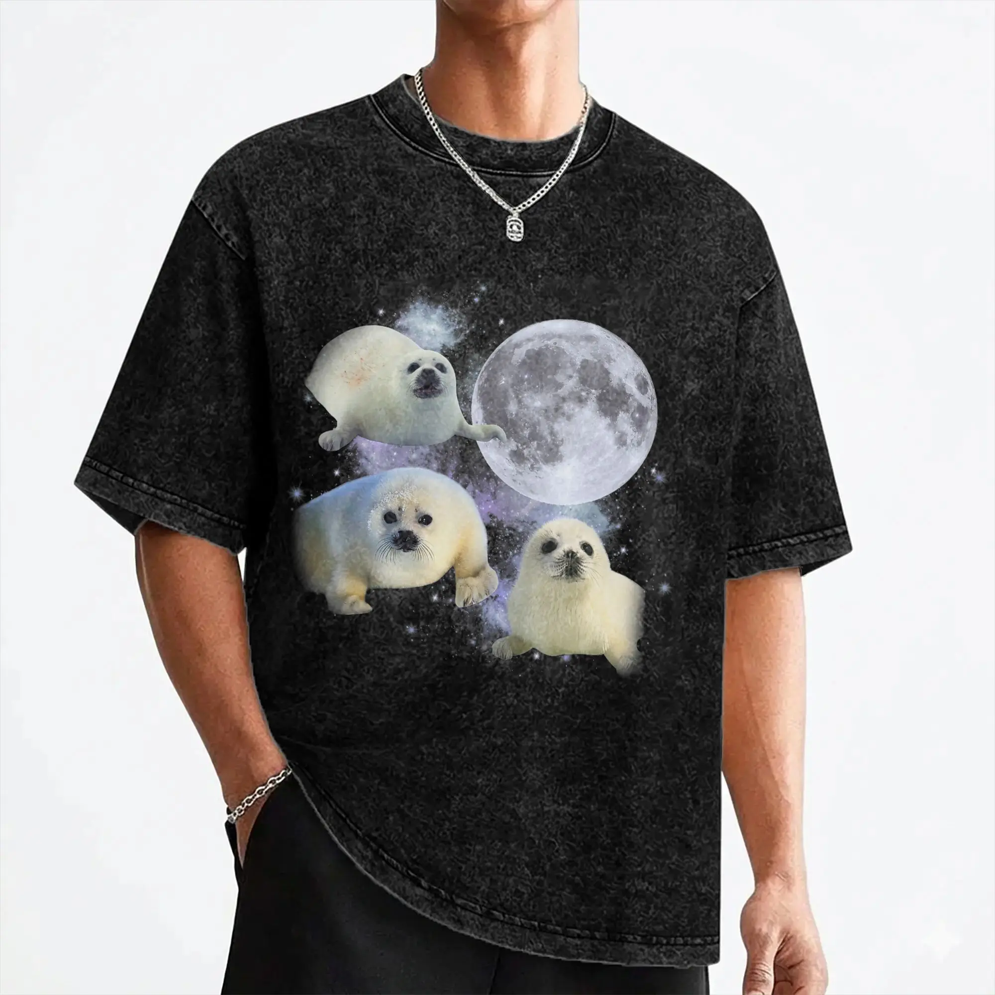 Three Baby Seal T Shirts Washed Short Sleeve Harajuku T-Shirts  Vintage for Men Women Streetwear Graphic Tee Shirt