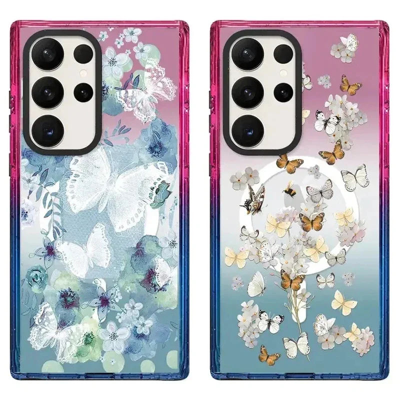 Butterflies Colorful Border MagSafe Acrylic Protective Case for Samsung Galaxy S22 U S23U S24 Ultra S24 Plus Shell