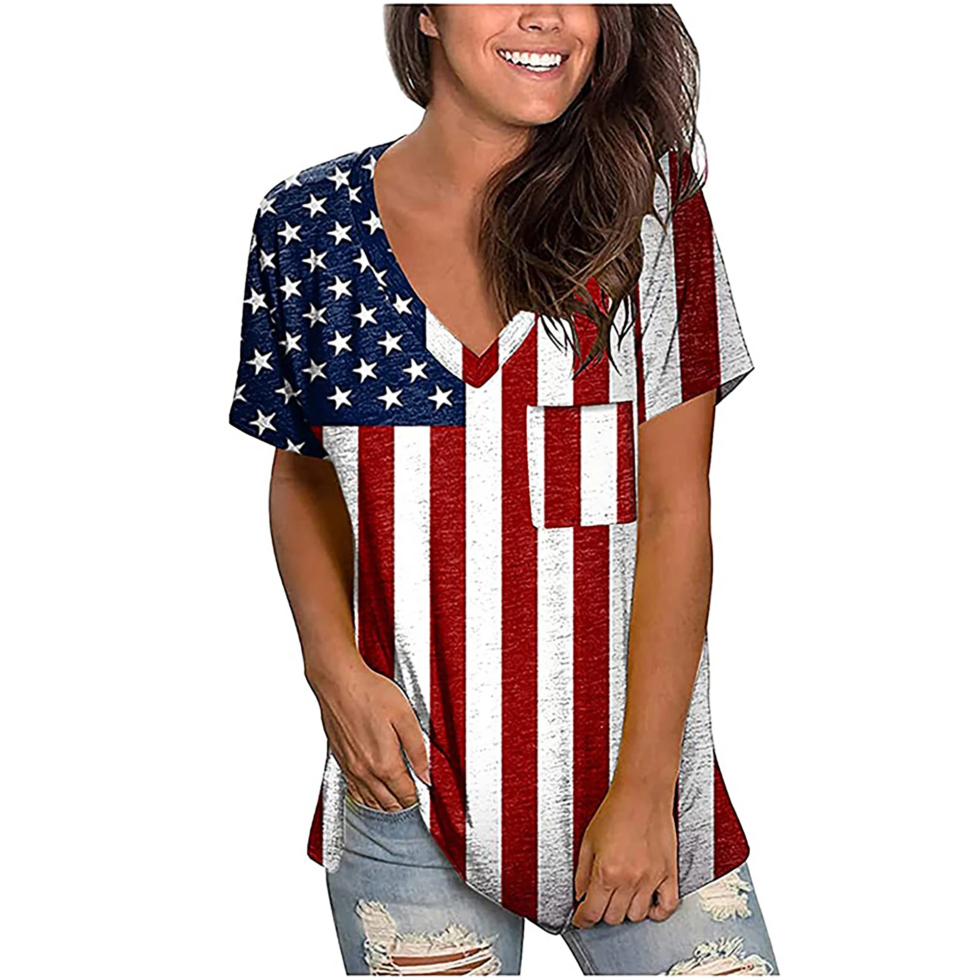 2024 Europe and the United States spring summer Independence Day new women\'s top flag print V-neck short-sleeved loose T-shirt w