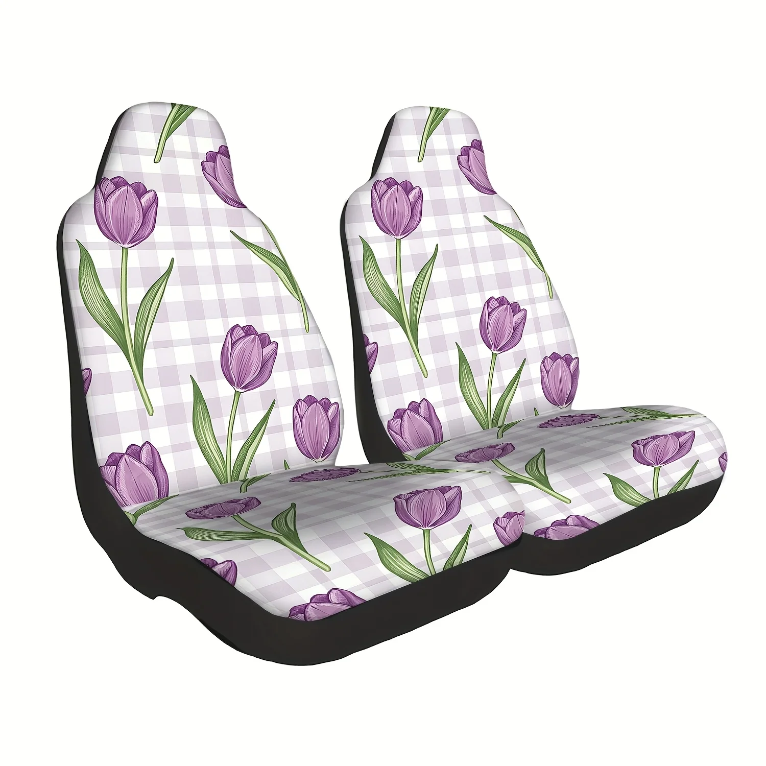2pcs Purple Tulip Plaid Car Seat Covers, Durable, Suitable For Front Seats, Machine Washable, Fits Cars And SUVs, Ideal For Hall