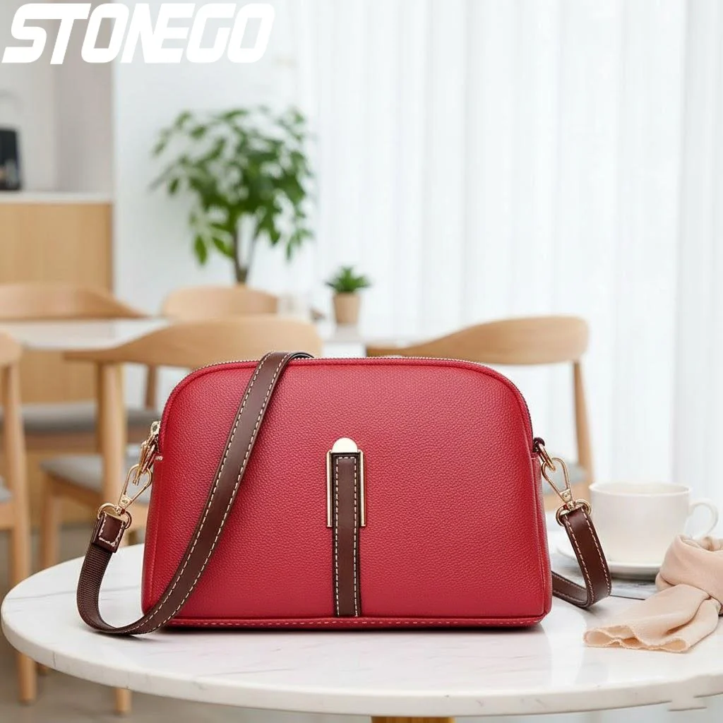 

Vintage Lychee Pattern PU Crossbody Bag Adjustable Shoulder Strap Double Zip Compartment Korean Simple Shell Handbag for Women