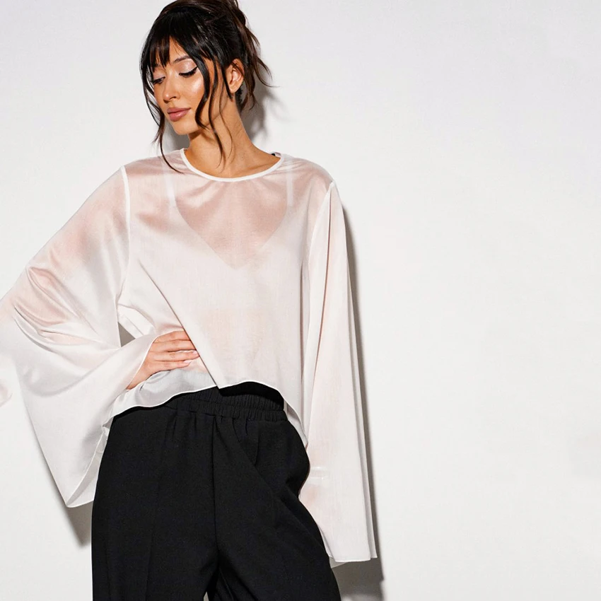 

Linad Casual White Loose Shirts Female Elegant Sheer Solid O Neck Blouse Woman Autumn Street Chic Flare Sleeve Ladies Tops 2025