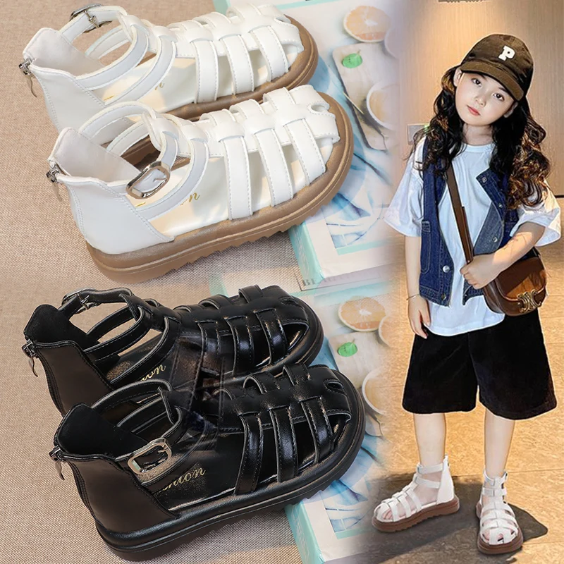 Little Girls Leather Cage Sandals 2026 New Summer Kids Roman Sandals Soft Sole Classic Simple Retro Style School Party Footwear