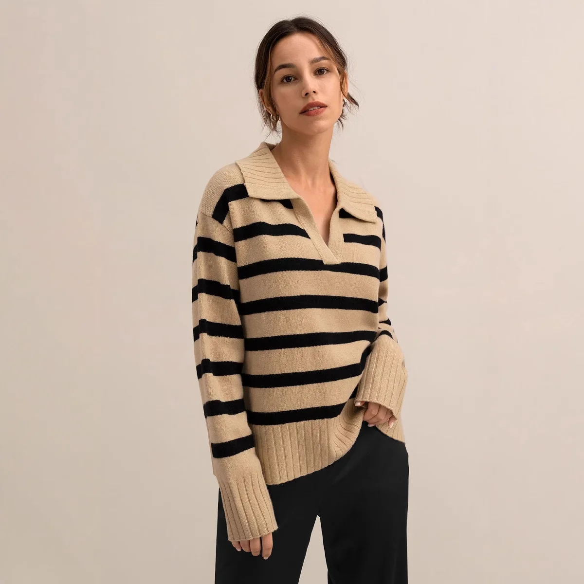Women Polo Collar Striped Pullover Sweater Autumn Winter Female Loose Soft Knit V-neck Drop Shoulder Casual Knitted Top Clothing
