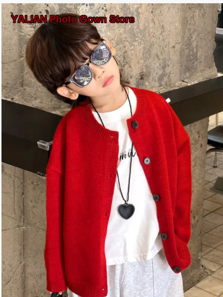 Boys Red Knit Top Kids Autumn Winter Parent-Child Outfit Little Kids