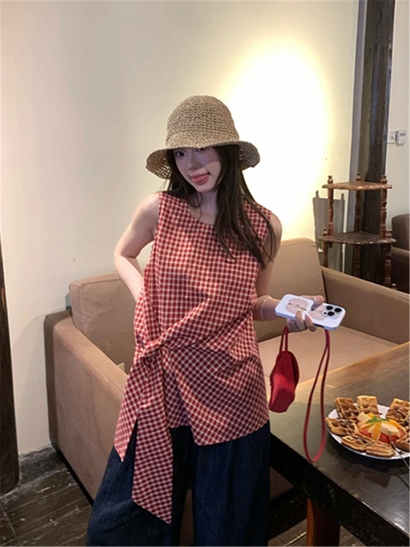 

Женский топ в клетку London Sle, летний дизайн, круглый жилет с поясом, верхняя одежда в стиле ретро, юбка трапециевидной формы с высокой талией