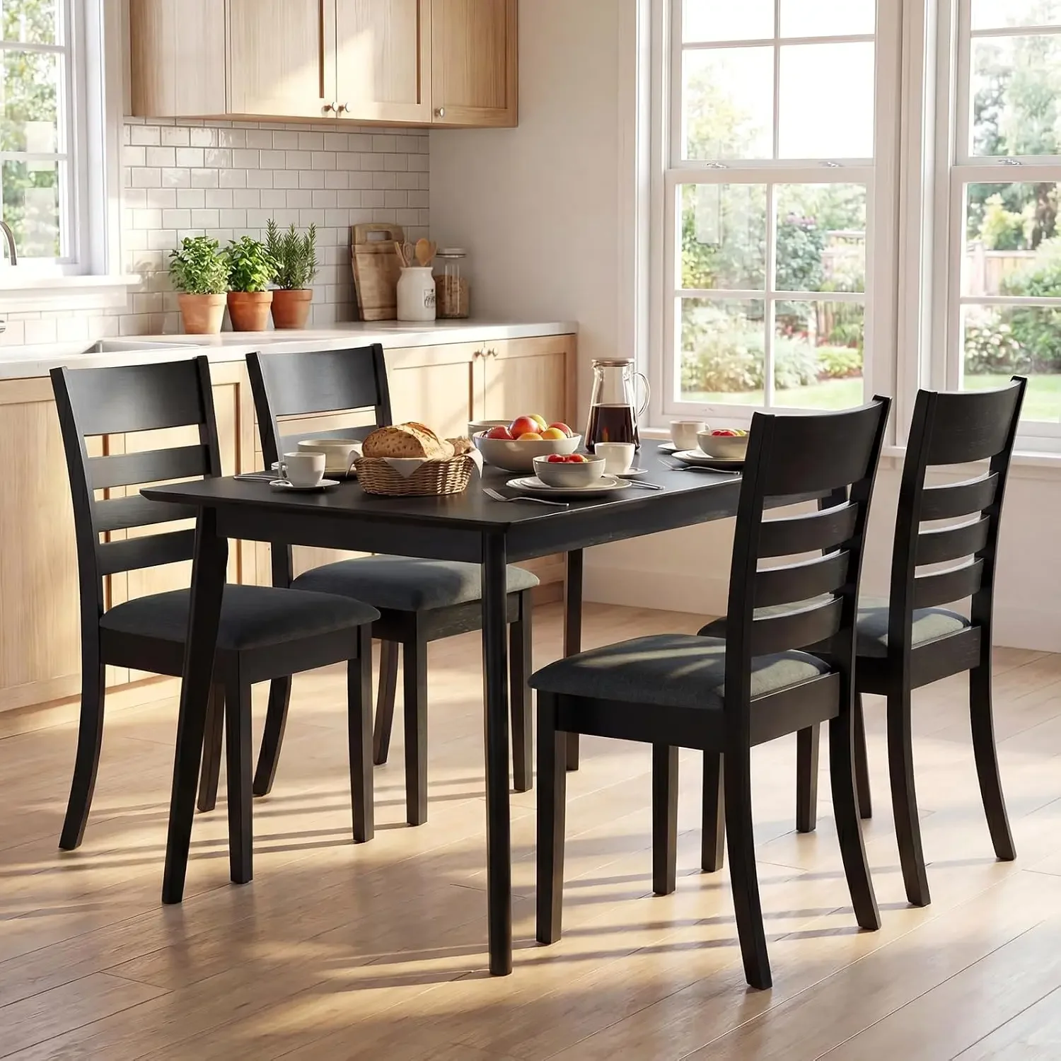 Wooden Dining Chairs Set of 4, Upholstered Black Kitchen Chair w/Rubber Wood Frame, Curved Slatted Backrest & Wide Padded Seat,