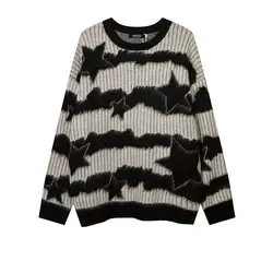 2024 Vintage Star Striped Sweater Women Oversized Winter O Neck Korean Fashion Knitted Jumper Streetwear Gothic Pullover