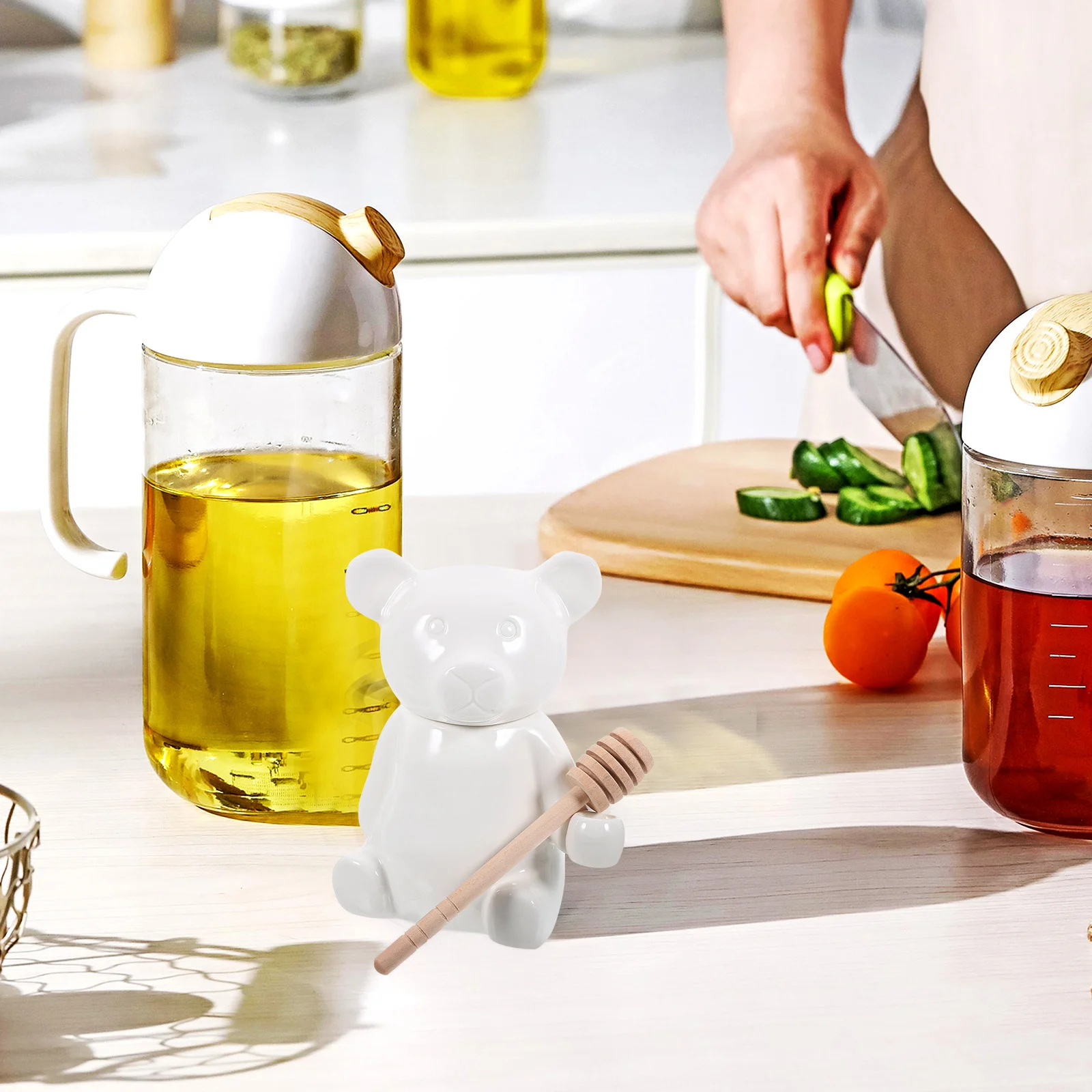 

1Set Ceramic Bear Honey Jar Wood Dipper Sturdy Kitchen Multipurpose Storage Container Jam Pot Honey Pot Dispenser