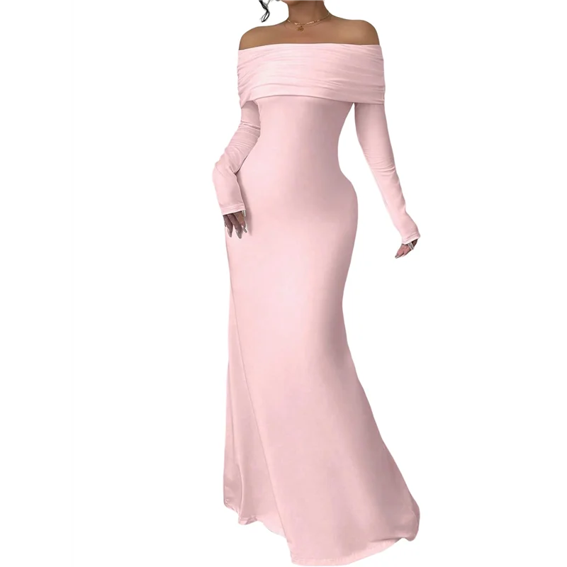 CYL-Damska sukienka maxi z długim rękawem, odkrywająca ramiona, dopasowana, elegancka, na koktajl, studniówkę