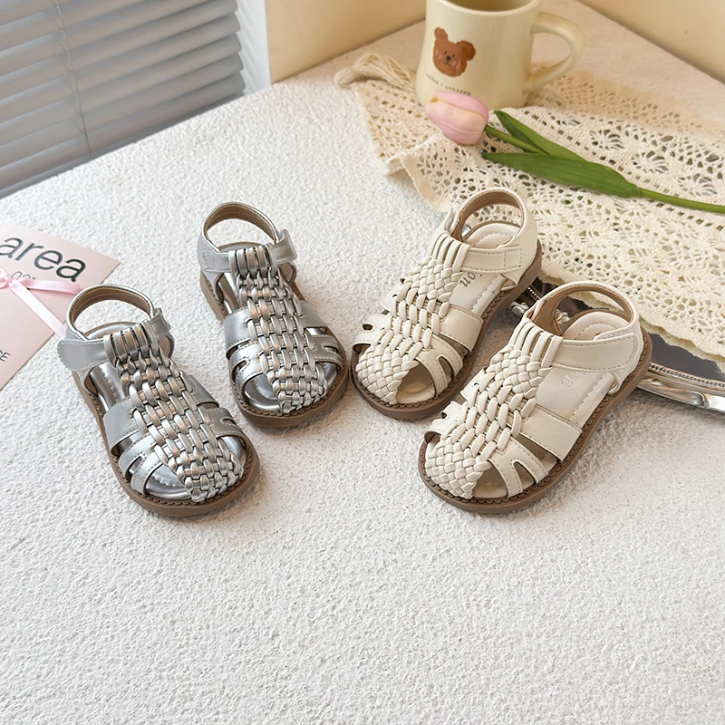 

Children Sandals Girl's Fashion Rome Braid PU Leather Hollow Baotou Sandals Anti slip Soft Bottom Summer Flat Shoes Size 23-34
