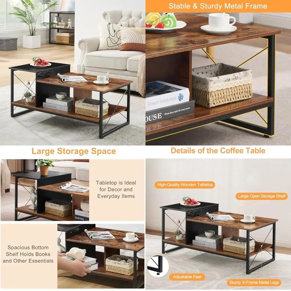 Mesa de centro preta de 2 camadas de madeira vecelo com prateleira de armazenamento para recepção de sala/escritório, estrutura de metal e tampo de madeira, moderna