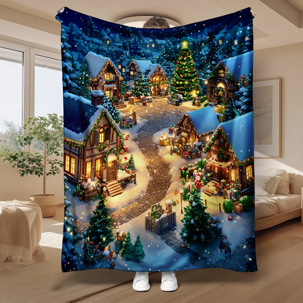 Snowy Christmas Village, Holiday Gift, Soft Blanket, Cozy Winter Scene Design, Multi-Purpose Home Decor, Warm And Comfortable