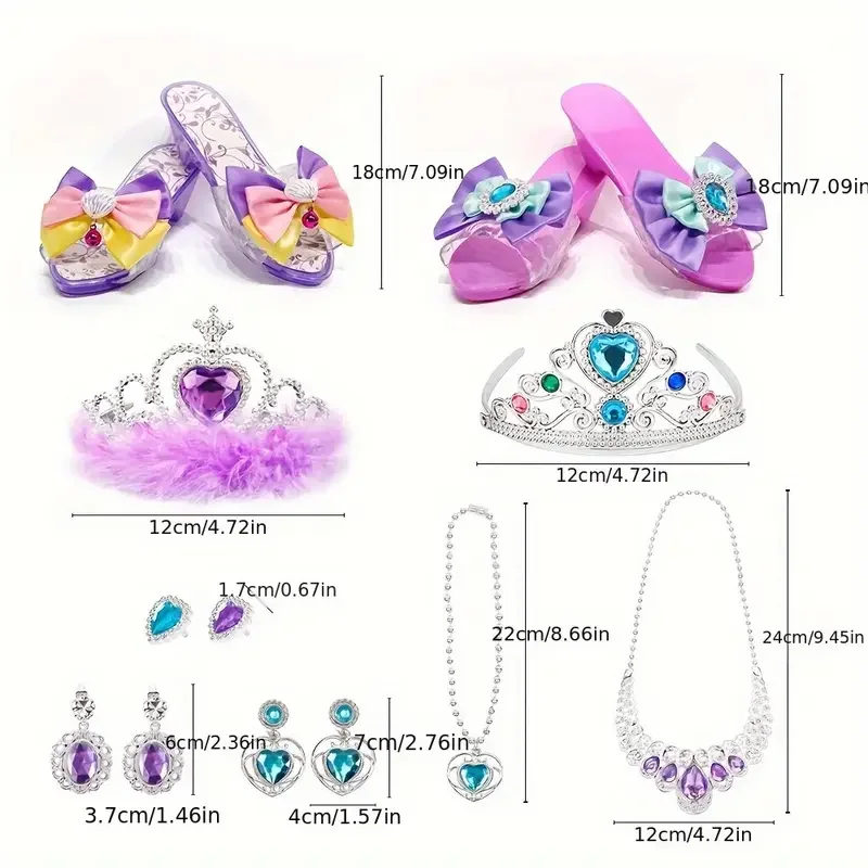 Conjunto de brinquedos de princesa com sapatos de cristal, colar, brincos e caixa de joias para crianças – ideia para festas de aniversário e brincadeiras
