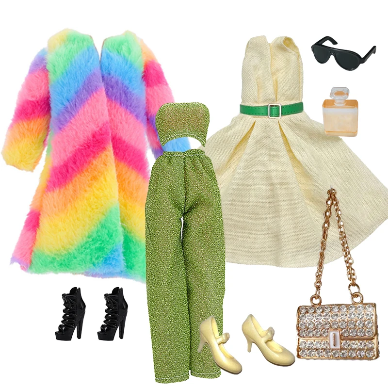 1/6 Doll Fashion Clothes set Rainbow Fur Coat with Spring Color Dress and bags Outfits set for 27-30 Doll Clothing Accessories