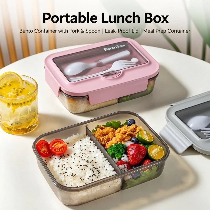 Square Divided Microwave Oven Bento Box Lunch Box with Tableware for Office Workers Leakproof Food Container for Picnic Camping