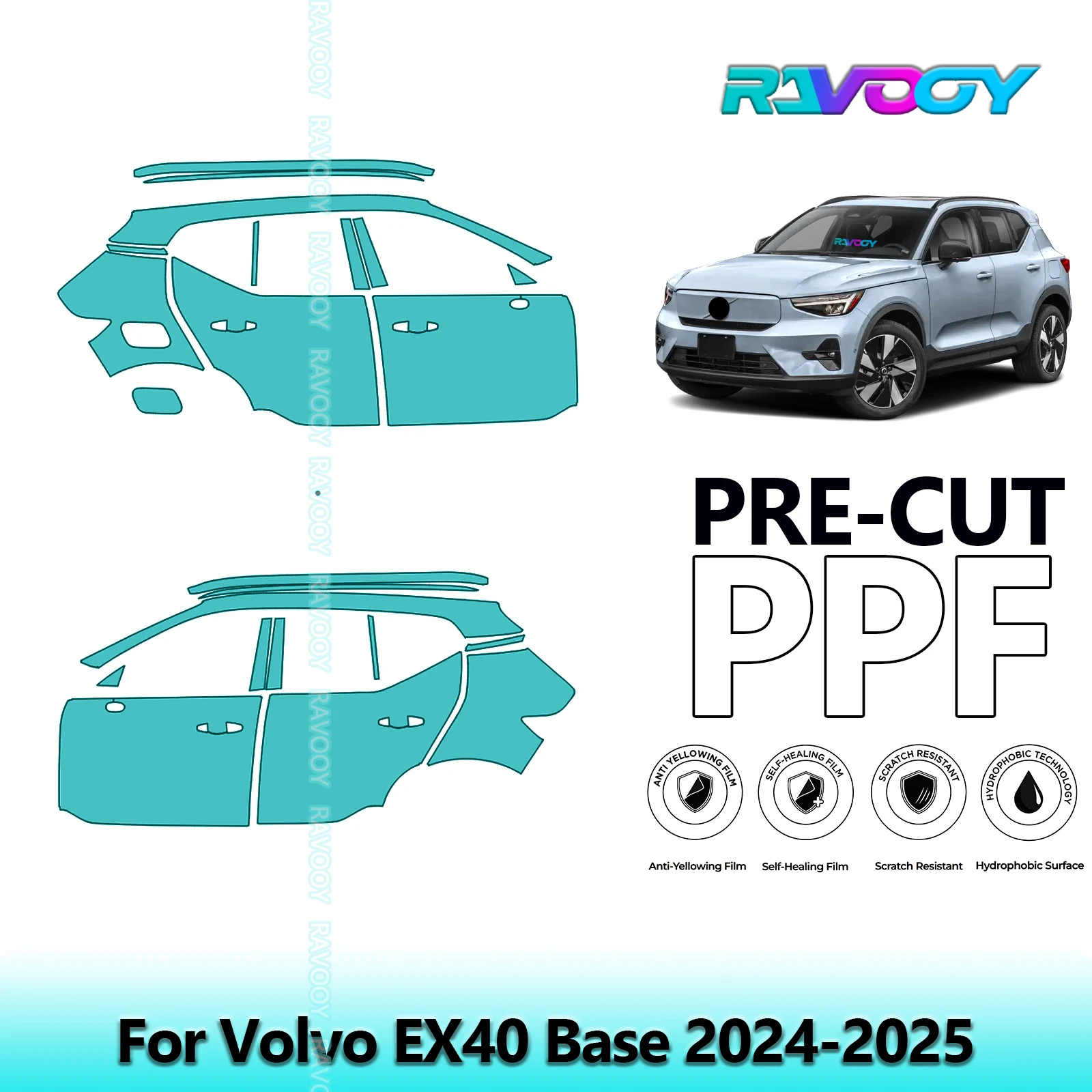 

For Volvo EX40 Base 2024-2025 8.5mil Clear Matte Pre-Cut PPF Door & A/B Pillar Kit TPU Paint Protection Film Set