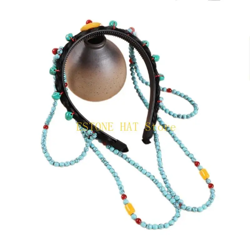 

49MF Ethnic Headband with Turquoise Forehead Chain Decors Exotic Hair Hoop Women Wedding Party Taking Photo Headband