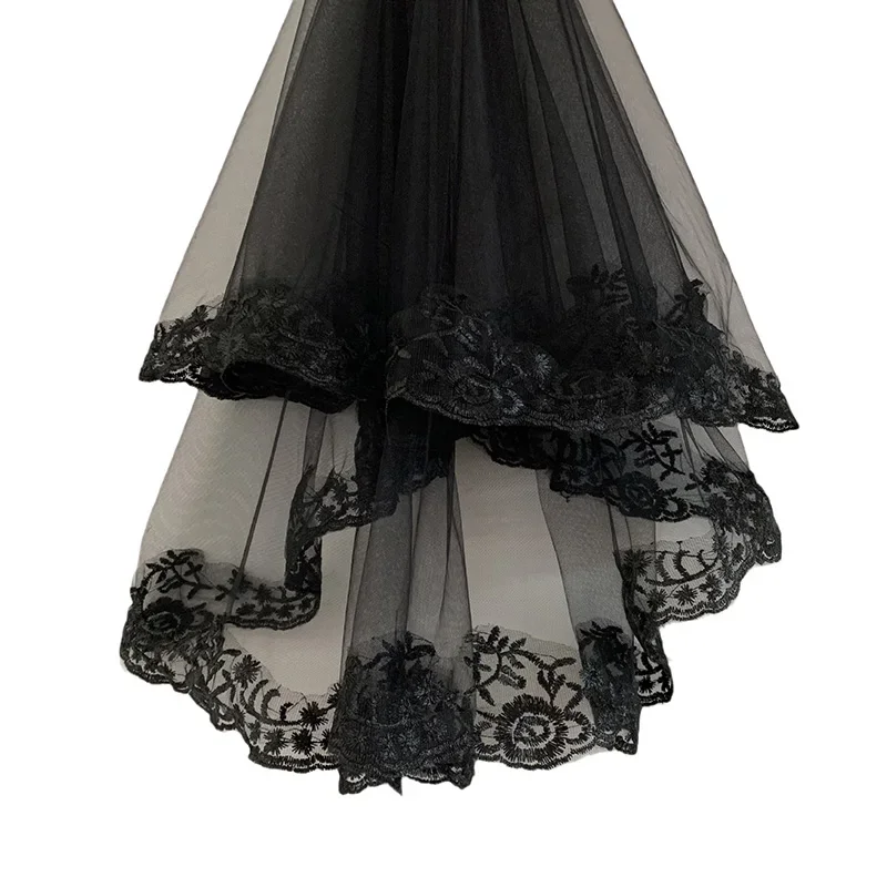 Black Veil Brides Wedding Veils Lace Short Bridal Fingertip Women’s Halloween 2T with Comb