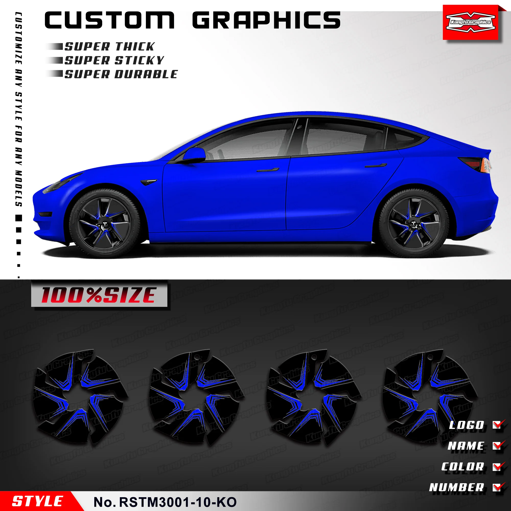 KUNGFU GRAPHICS Custom Car Rim Protector Sticker Kit for Tesla Model 3, Blue Black Yellow Red Grey Orange Multi Colors