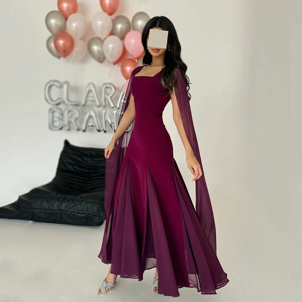 

Msikoods Burgundy Evening Dresses Cape Sleeve Square Neck Chiffon Formal Dress Party Gown Floor Length Prom Dress Customized