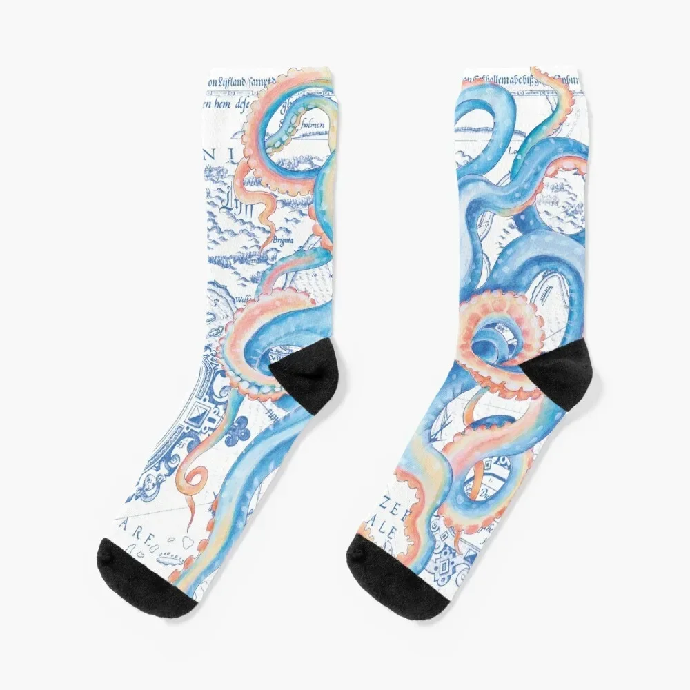 

Octopus Tentacles Vintage Map Blue Orange Chic Socks moving stockings Soccer cartoon Girl'S Socks Men's