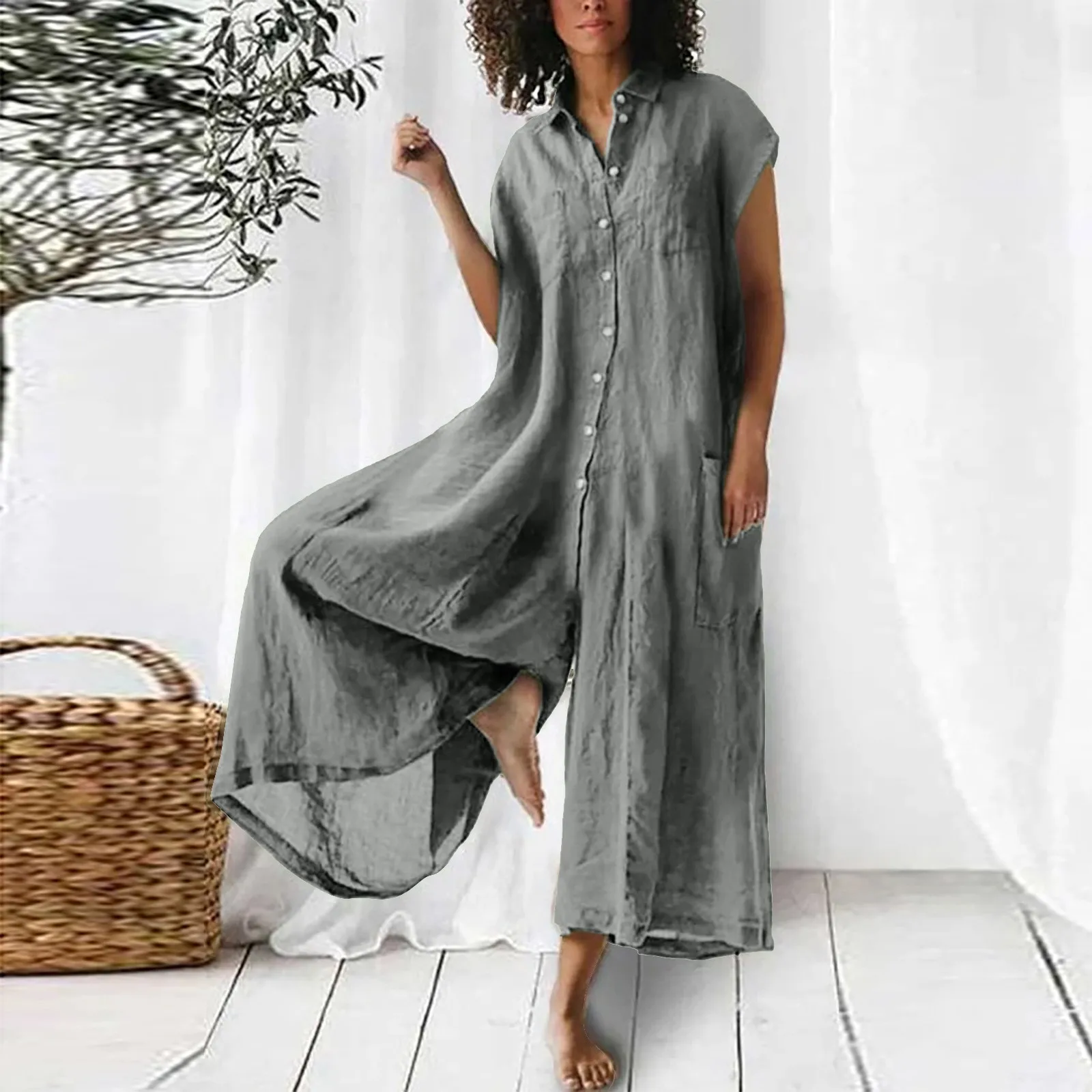 

Women Jumpsuit Solid Color Loose Casual Short Sleeve Cotton And Linen Mid Length Shirt Button Jumpsuit Oversize Wide Leg Rompers