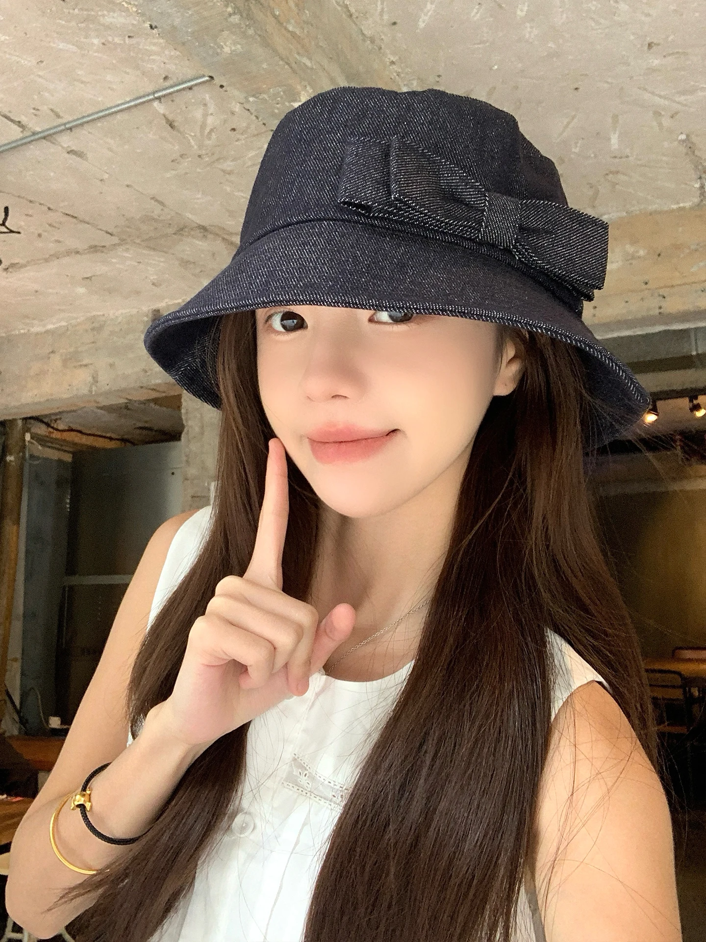 Retro Japanese Style Denim Bucket Hat Women's Spring Summer Sun Protection Small Face Effect  Knot Fishing Cap