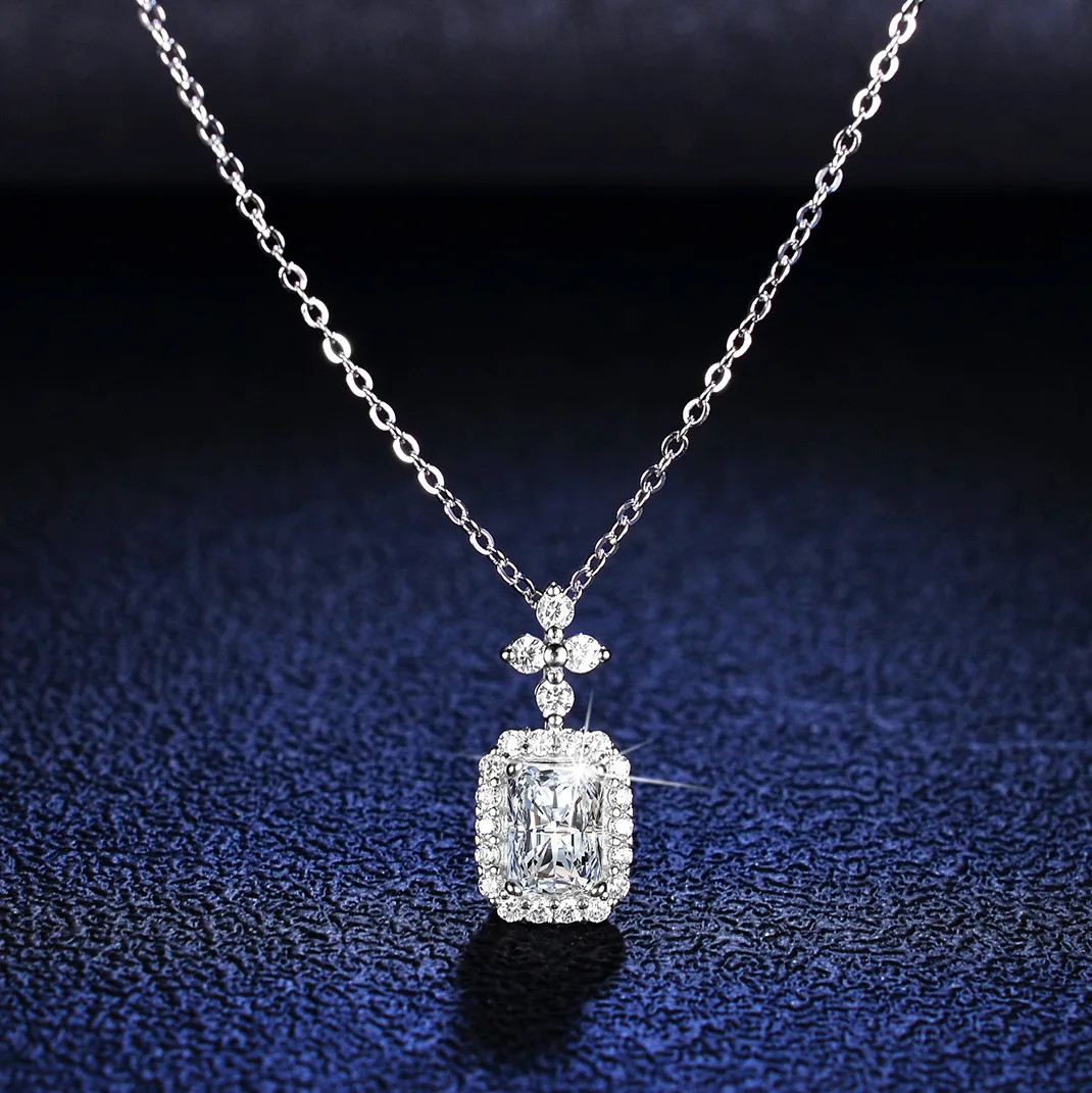 Lumira Platinum PT950 1 Carat Moissanite Lucky Knot Necklace, Geometric Rectangular Emerald Cut Pendant Collarbone Chain
