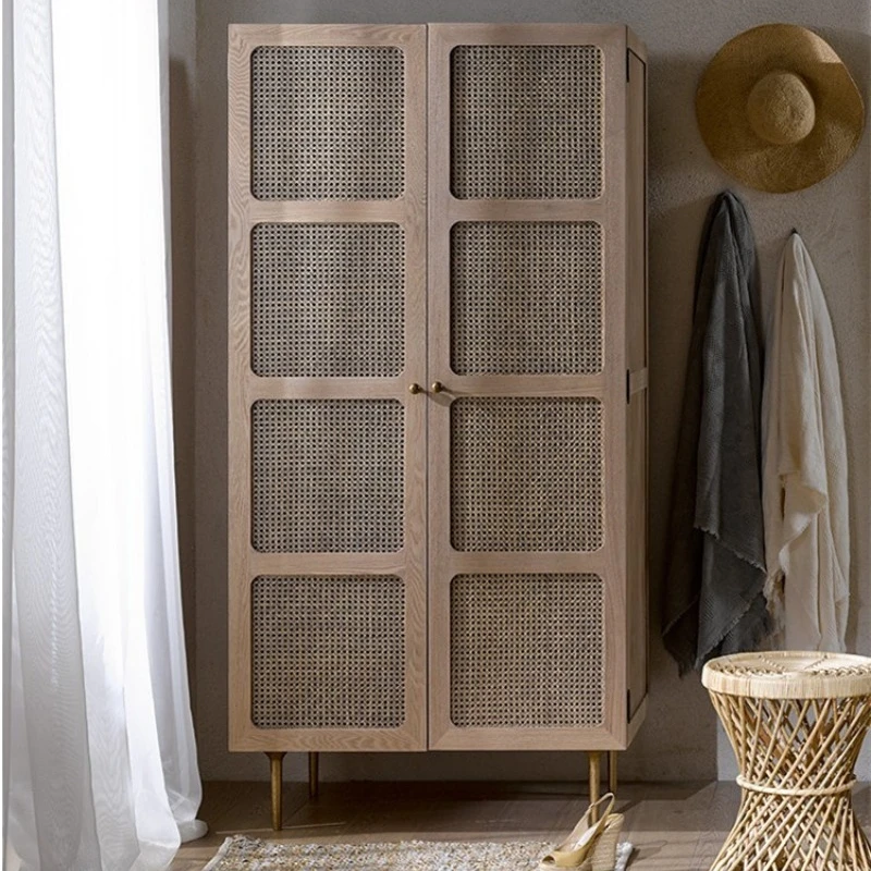American creative rattan solid wood wardrobe Nordic small apartment bedroom double door wardrobe retro simple old locker