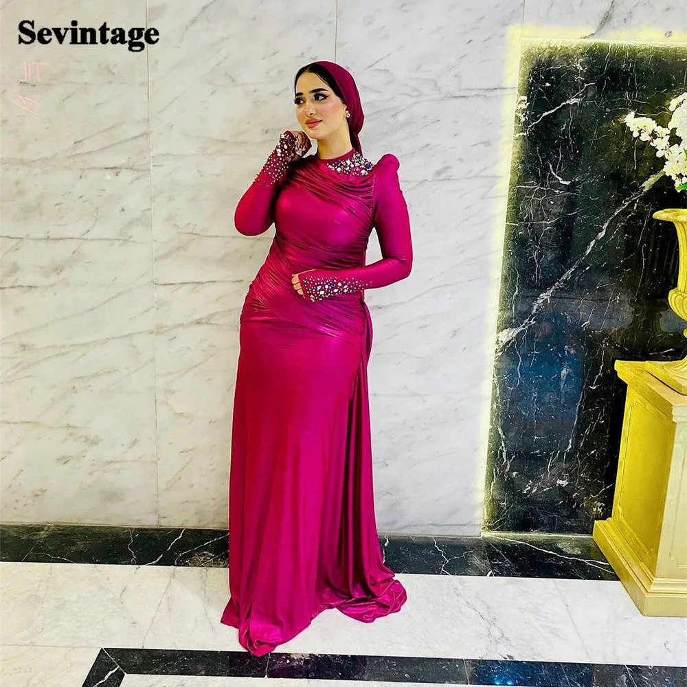 Sev bescheidene fuchsia muslimische arabische Ballkleider lange Ärmel Pailletten Satin formelle Abendkleid Frauen Party kleider