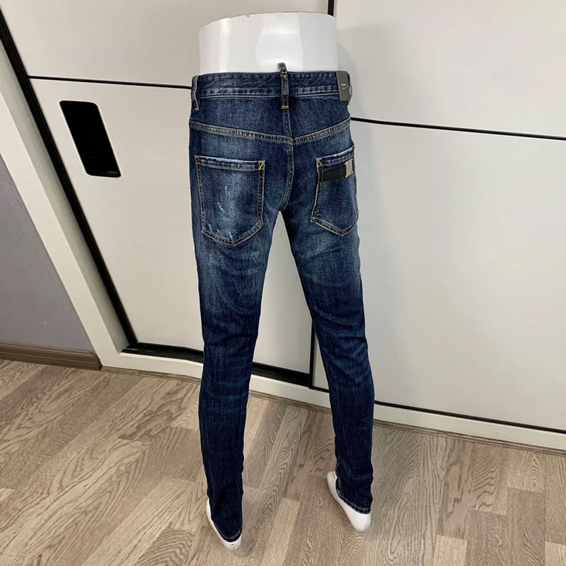 Streetwear Fashion Men Jeans Retro Blue Stretch Skinny Fit Vintage Ripped Jeans Men Patched Designer Hip Hop Brand Pants Hombre