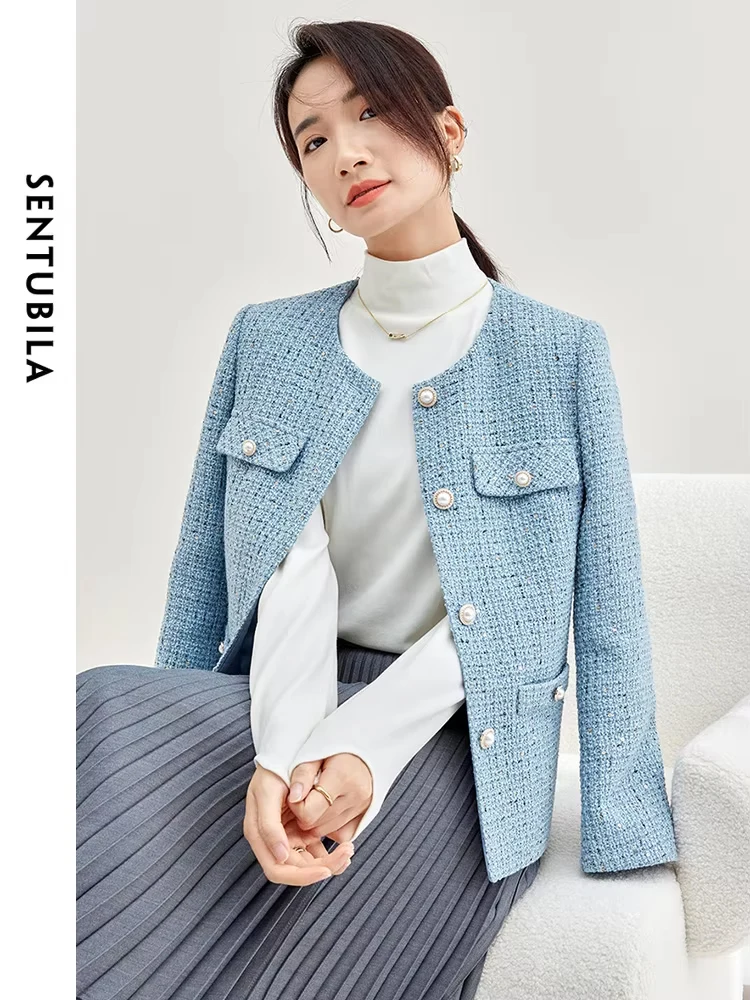 SENTUBILA Sequins Blue Tweed Jacket for Women Luxury Elegant Long Sleeve Round Neck Short Winter Coats Woman Outerwear 133W51277