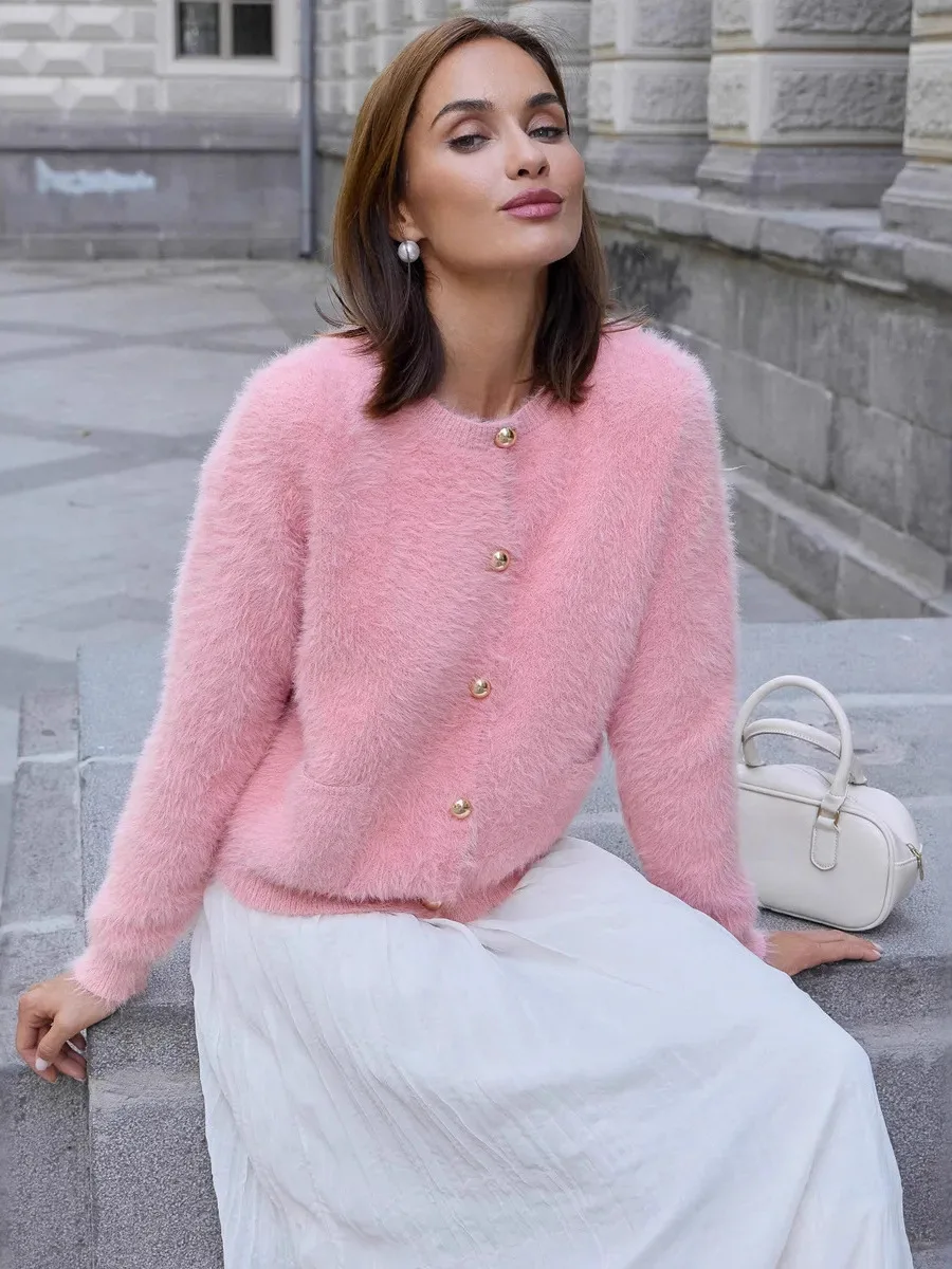 

Модный теплый повседневный кардиган с длинными рукавами и круглым вырезом для молодых женщин, коллекция Осень-Зима 2025