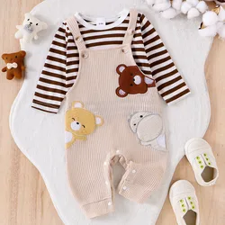 RUEWEY 0 to 18 Months Baby Boy Girl Pant Sets Spring Autumn Clothes Striped Long Sleeve Tops Bear Embroidery Overalls Romper