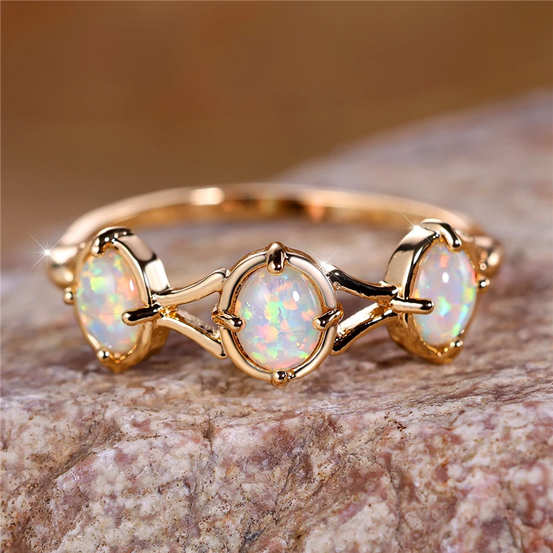 Boho Female White Fire Opal Stone Engagement Ring Vintage Gold Color Summer Wedding Jewelry For Women