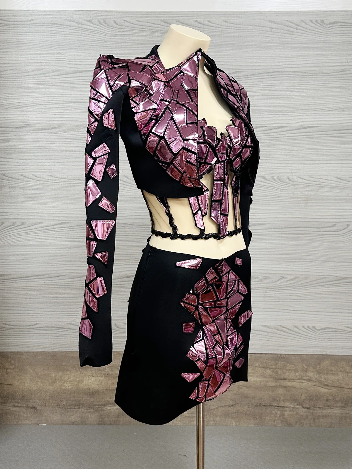 Women Black Pink Mirror 3 Piece Set Long Sleeve Crop Corset Top Mini Skirt Lace Up Sheer Mesh Stage Showgirl Dance Drag Queen