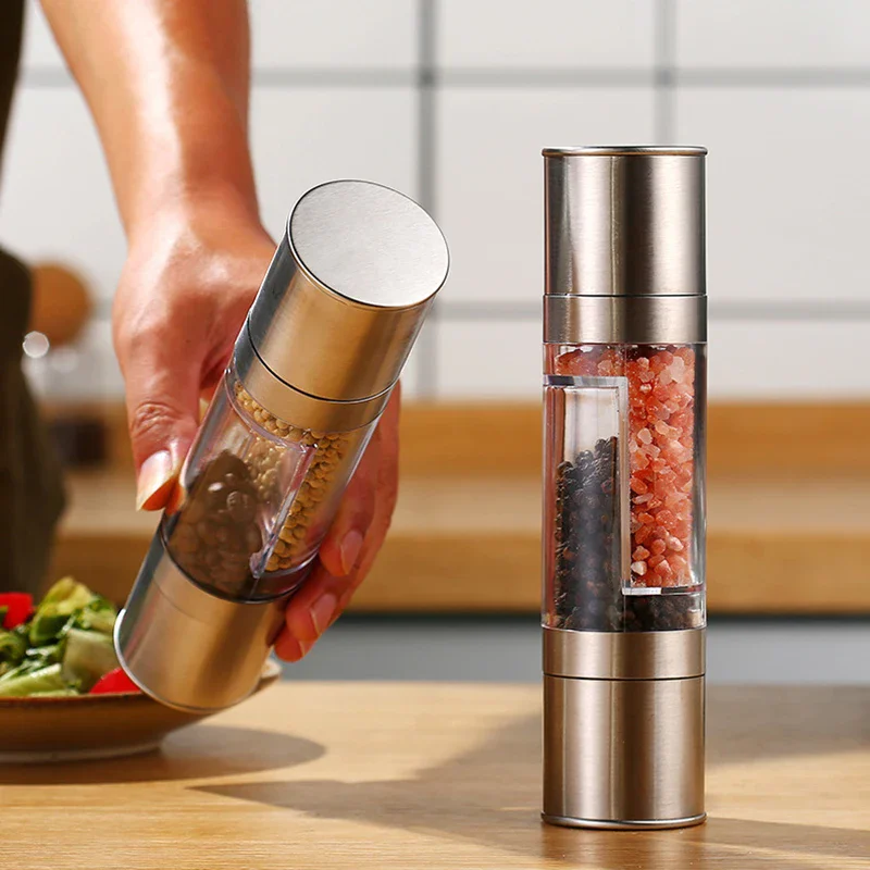 2 in 1 Salt and Pepper Grinder Manual Stainless Steel Salt Pepper Mills with Adjustable Ceramic Grinding Spice Kitchen Gadgets