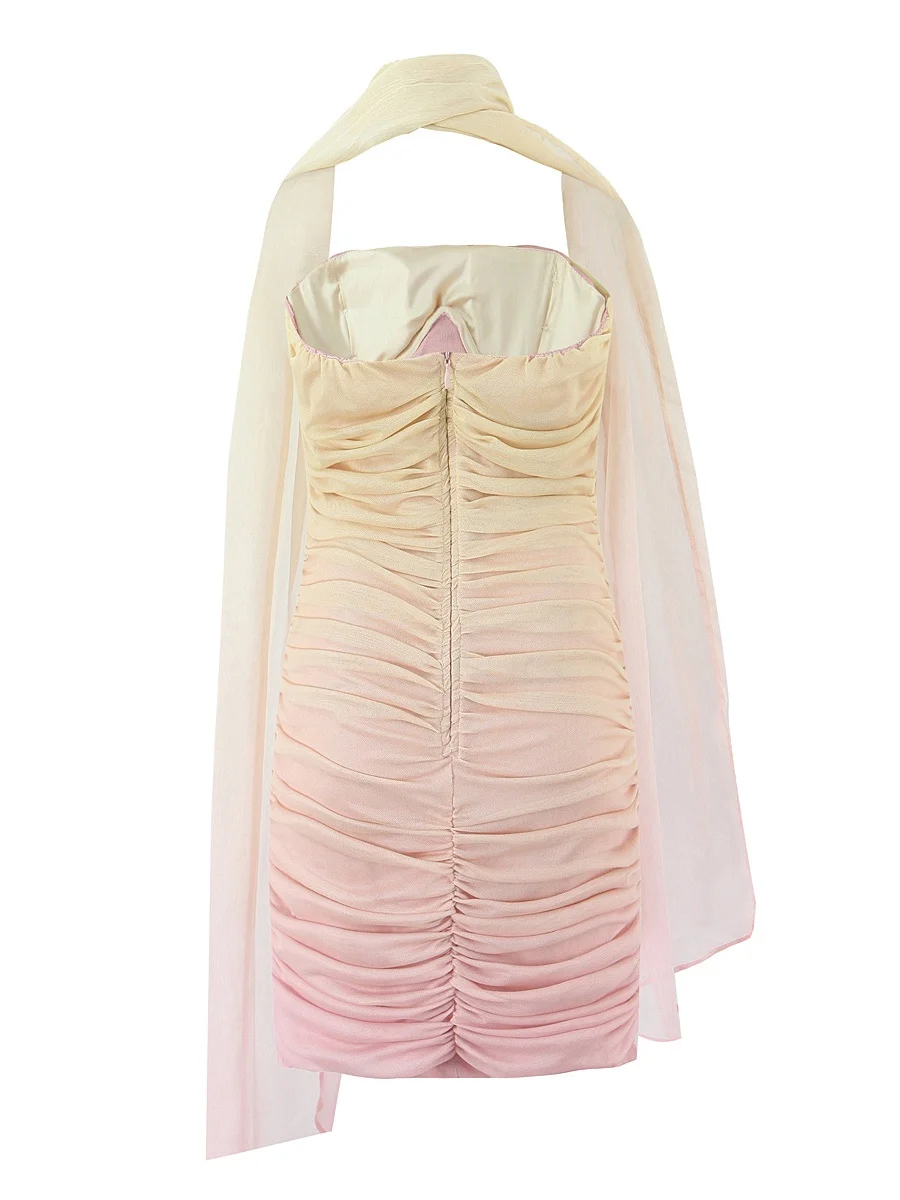 Vestido Curto Estilo Americano com Cores em adiente, Cintura Modeladora, Saia Sexy com Lenço, Vestido de Verão Sem Mangas d...