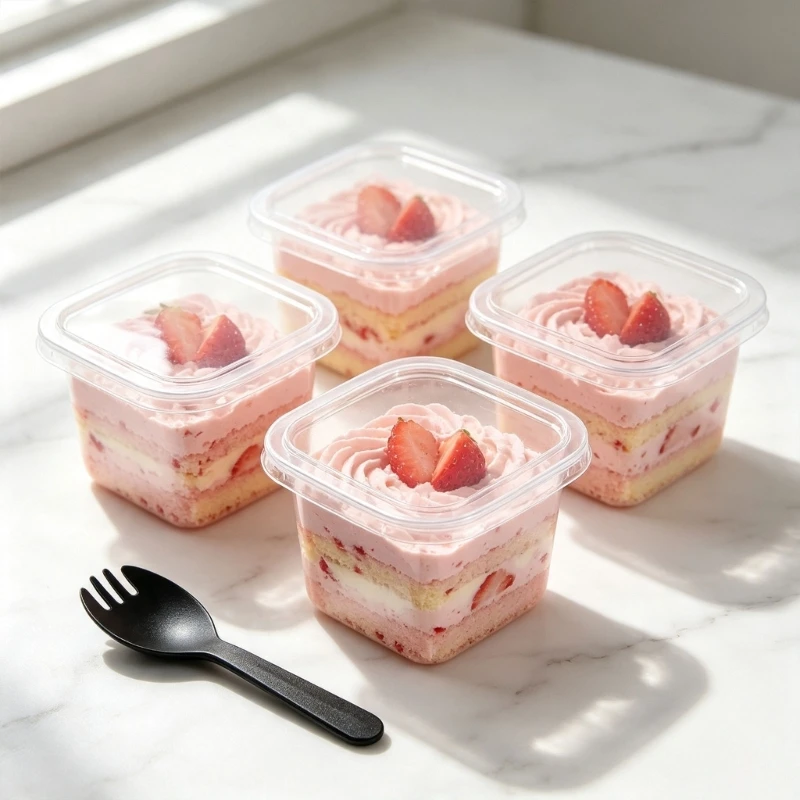 Disposable Dessert Cups, Clear Square PET Serving Cups, Set of 50 with Matching Covers, Eating Utensils and Decorative D2RD