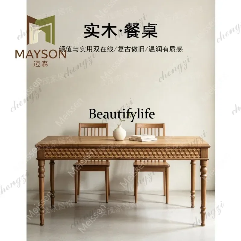 178 Medieval solid wood dining table carved rectangular log color living room desk desk